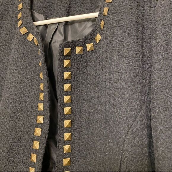 Fashion Blazer black goth thick textured no collar bronze studded suit jacket  M - Picture 5 of 7